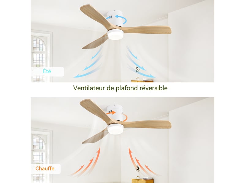  Ventilateur de plafond 132 cm avec télécommande et lumière led 18w, 3 pales en bois massif, moteur dc réversible silencieux pour salon  - Conforama R