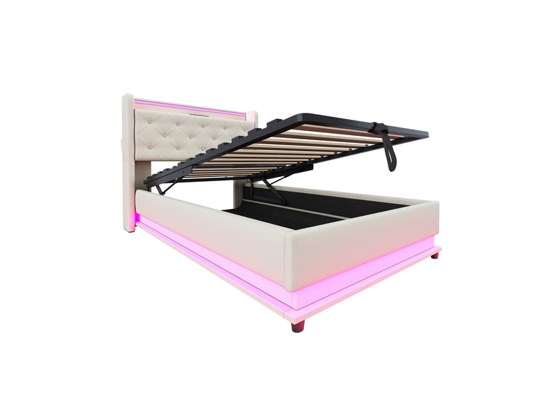 Lit enfant tapissier 90x200cm avec led, usb-c, tête relevable, rangement hydraulique, poche à téléphone, lin beige - Conforama W