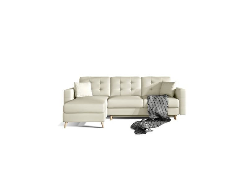 Canapé d'angle convertible hasgard 3 places beige 248x162 cm – coffre et pieds bois - Conforama A