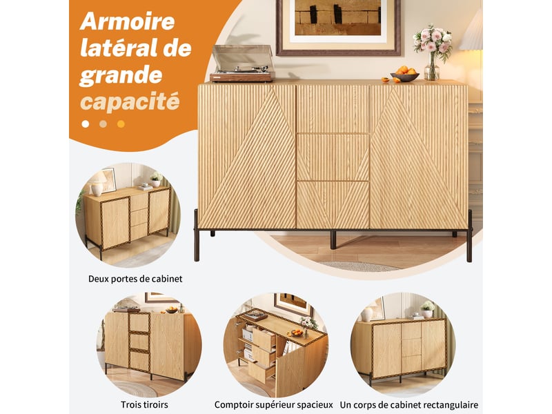  Buffet bahut salle à manger 115,5x40x76 cm, 2 portes, tiroir central, façades géométriques, grand rangement - naturel  - Conforama B