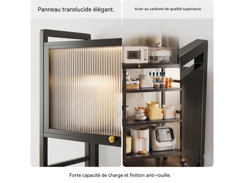  Rangement cuisine mobile 5 niveaux noir avec porte translucide et roulettes avec frein  - Conforama D