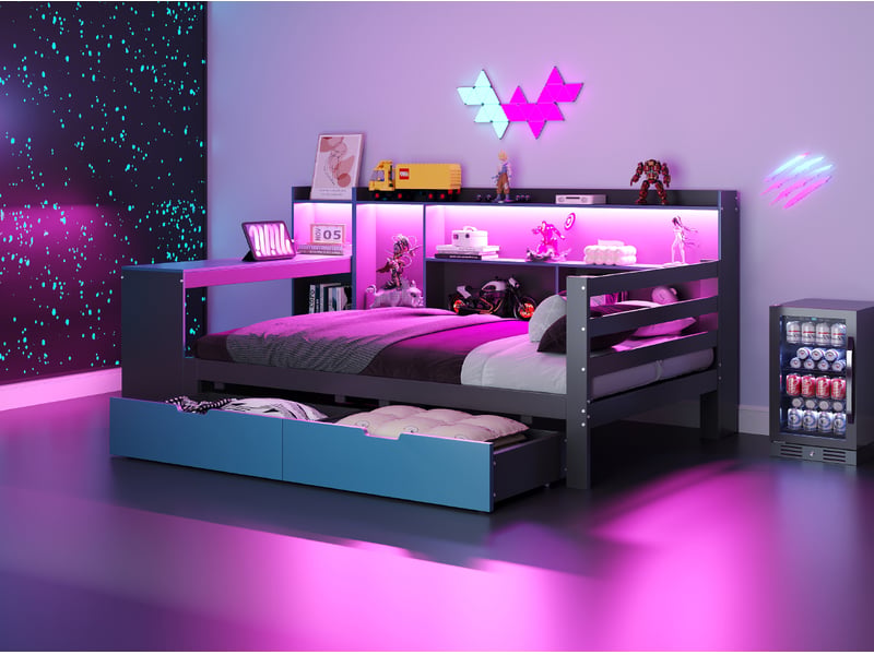  Lit enfant multifonction 90x200 cm avec bureau, rangement, led, 2 tiroirs, sommier inclus, pin et mdf noir bleu  - Conforama W