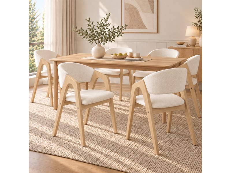  Lot de 4 chaises de salle à manger - 55.5x60x83 cm - structure en hévéa massif - revêtement effet lin - bois naturel et beige CozyNest - Conforama C