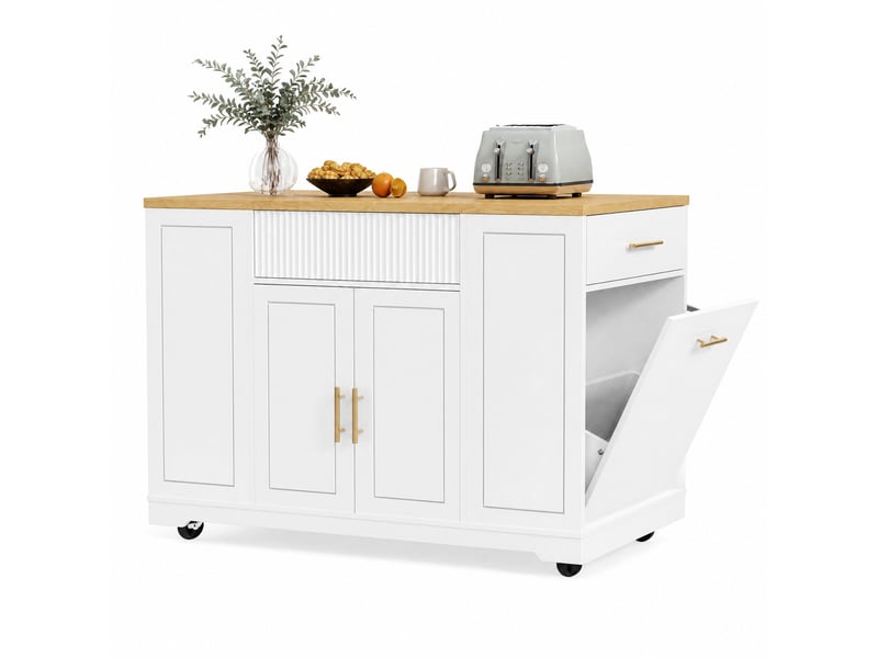  Îlot de cuisine 120x50x92 cm avec roulettes, compartiment pour bac à déchets, 2 portes et 3 tiroirs mdf métal blanc  - Conforama B