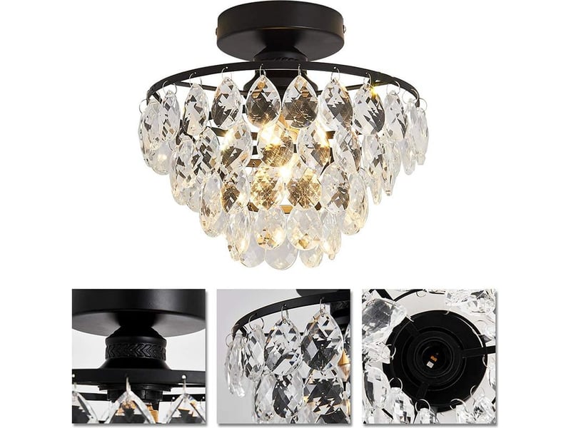  Plafonnier lustre semi-encastré en cristal noir – luminaire de plafond e27 pour couloir, chambre, salle de bain et placard (ampoule non incluse)  - Conforama D