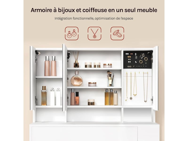 Coiffeuse avec grand miroir led à luminosité réglable, meuble chambre avec tiroir, blanc, 90x40 cm  - Conforama W