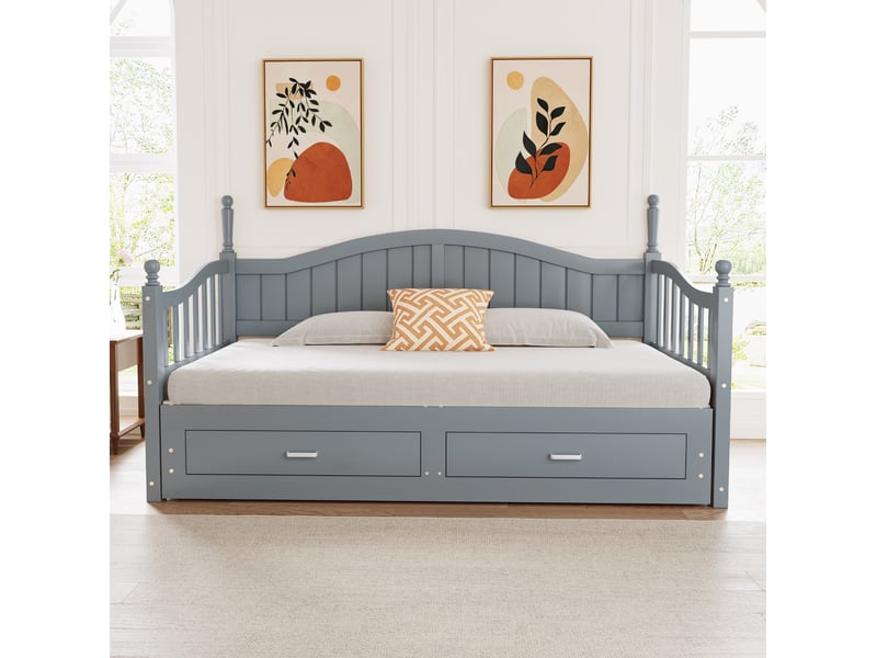  Lit enfant 90180x190cm, sommier, tête de lit, lit extensible, 2 tiroirs inclus, rangement, en bois+mdf, gris, sans matelas  - Conforama E