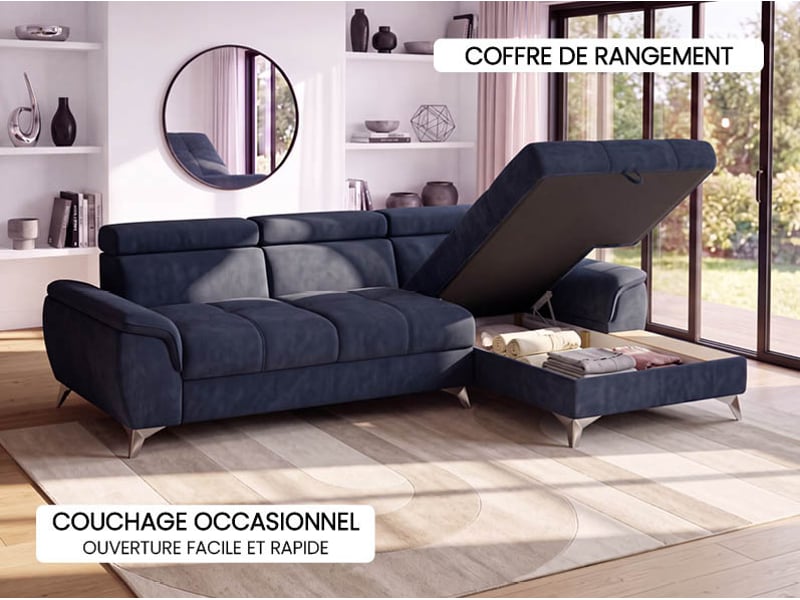 Canapé d'angle bleu convertible 4 places LUGANO - Conforama E