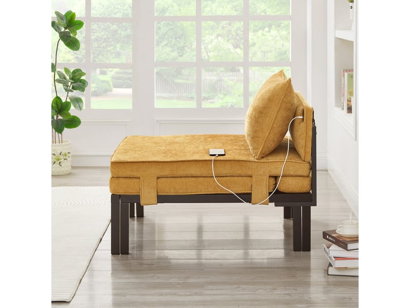  Fauteuil convertible extensible 1 place avec couchage, coussin et ports usb type-c en velours jaune  - Conforama D