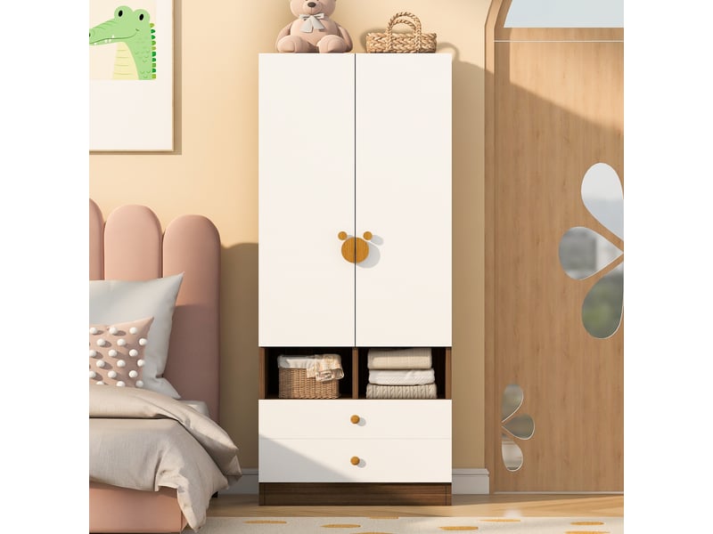  Armoire simple 70 x 50 x 170 cm avec 2 tiroirs, compartiments de rangement et poignées fantaisie, finition effet bois naturel, meuble compact pour chambre ou salon OPULERANE TRADING LTD - Conforama E