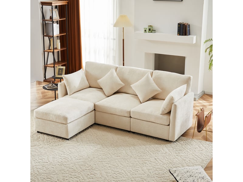 Canapé d'angle, canapé convertible, 3 places, en chenille, beige, avec pouf, pour salon, bureau, appartement - Conforama E