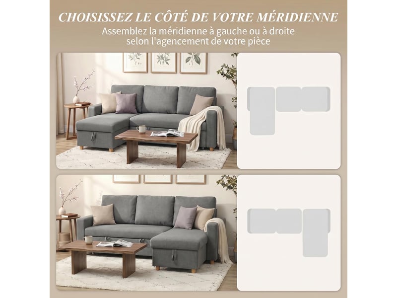  Canapé d'angle convertible 3 places avec méridienne en tissu gris 211,5x146x85 cm  - Conforama E