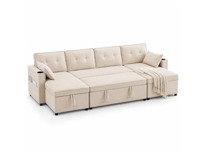 Canapé panoramique convertible 4 places avec coffres, porte-gobelets et poches latérales, tissu beige, 270 × 130 cm - Conforama A