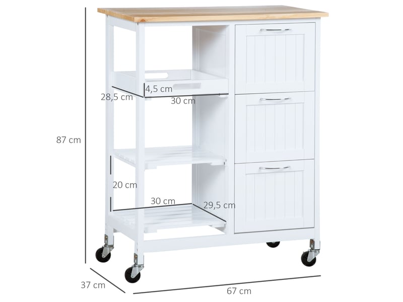 Desserte de cuisine à roulettes avec 3 tiroirs, plateau amovible et 2 étagères, en mdf blanc, 67 × 37 × 84 cm  - Conforama E