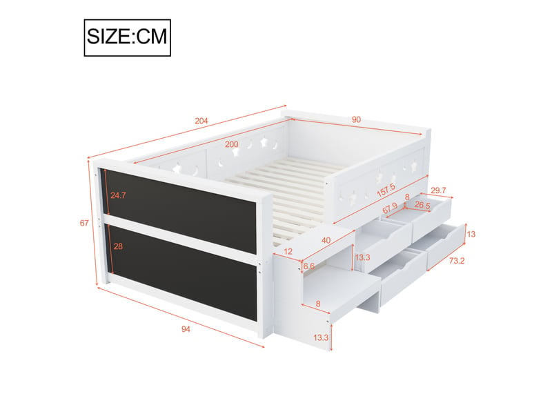  Lit enfant 90 × 200 cm avec 4 tiroirs, barrière de sécurité, tableau, led et marche en bois blanc pour chambre  - Conforama C