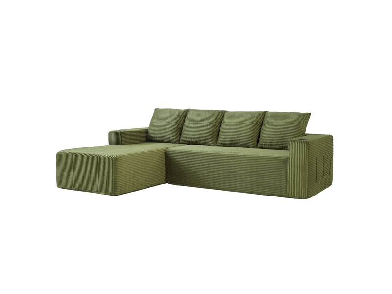Canapé d’angle modulable 4 places en l, méridienne droite, porte-gobelets, poches de rangement, velours côtelé vert, sans montage, 261 x 168 x 58 cm - Conforama A