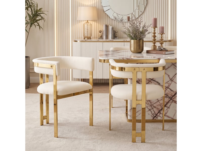 Lot de 4 chaises de salle à manger modernes en chenille beige doré pieds galvanisés confortables pour restaurant salon  - Conforama D