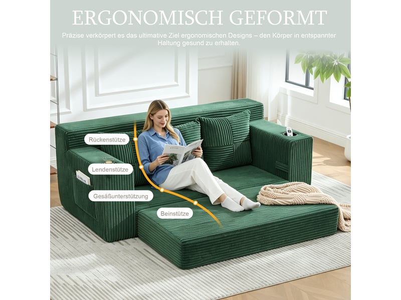 Canapé 3 places en velours côtelé, sans montage, design modulaire, porte-gobelets, rangements latéraux, 172×87×64 cm - Conforama D