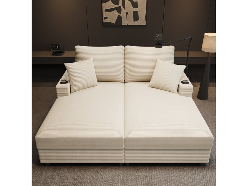  Canapé-lit modenvie 2 places avec usb usb-c porte-gobelets velours côtelé beige 163 x 140 x 82 cm  - Conforama D