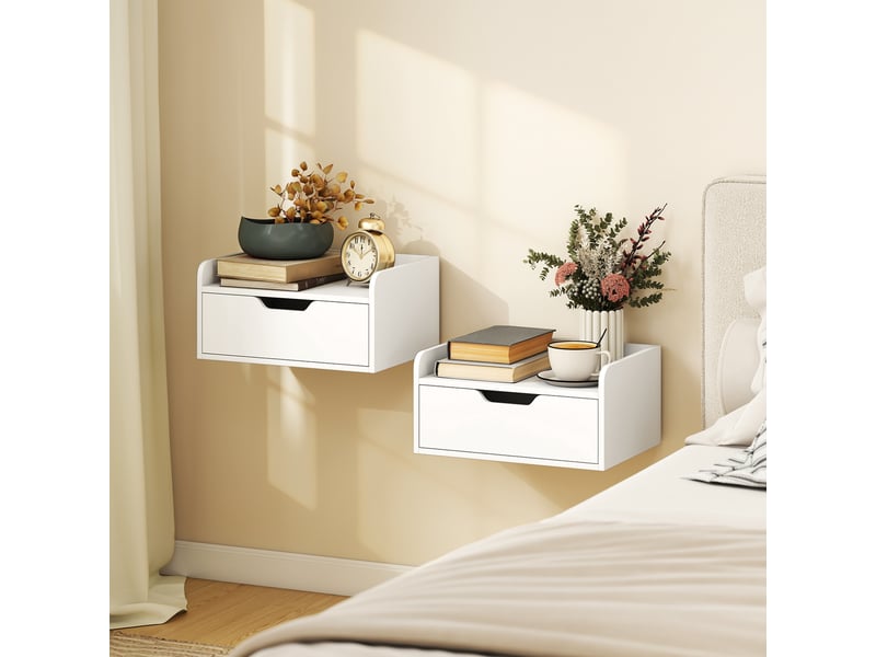  Lot de 2 tables de chevet murales tables de nuit suspendues tiroir dim. 40l x 30l x 19,5h cm plateau aspect bois  - Conforama D