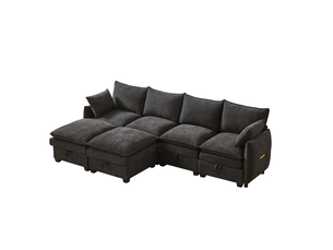 Canapé modulable en u 281x147x89 cm 6 places avec coffre, 4 modules + 2 poufs, chenille, structure bois, chenille gris