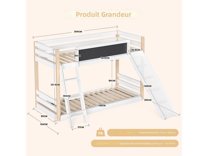  Lit superposé enfant avec toboggan et échelle 90x200 cm blanc bois et panneaux sécurité evarich - Conforama C