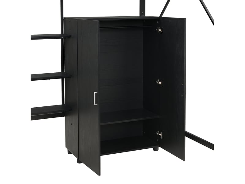  Lit mezzanine 140x200 cm avec bureau, rangements, armoire et échelle pour enfant, métal et mdf noir  - Conforama E