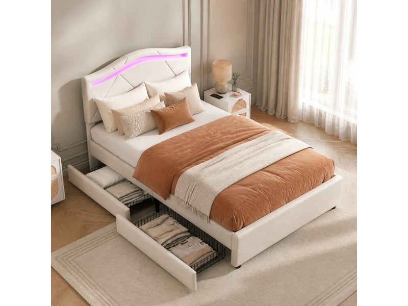 Lit avec tiroirs, lit simple 90x200 cm en lin beige avec 2 tiroirs, led et tête réglable, sans matelas  - Conforama C