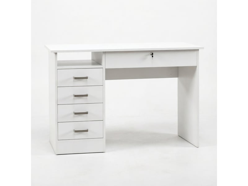  Bureau informatique avec 5 tiroirs dont 1 verrouillable et niche ouverte, 110 × 50 × 76 cm, blanc  - Conforama A