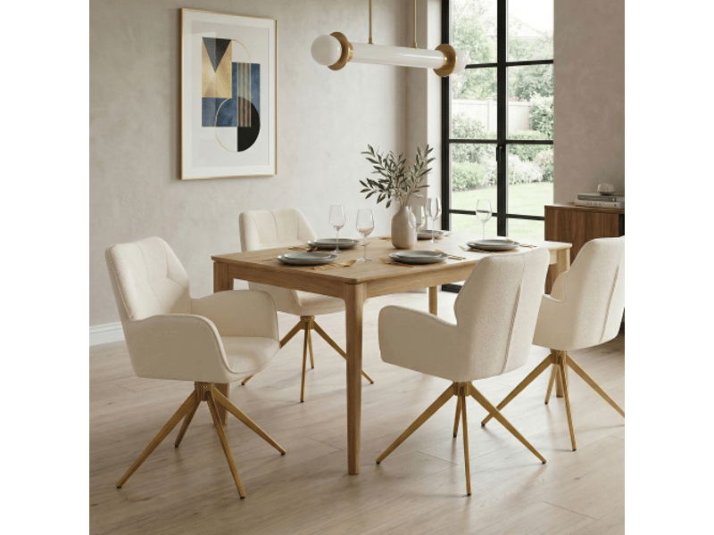  Chaises de salle à manger pivotantes lot de 2, fauteuil design avec pieds métal, tissu velours côtelé crème, moderne et confortable  - Conforama E