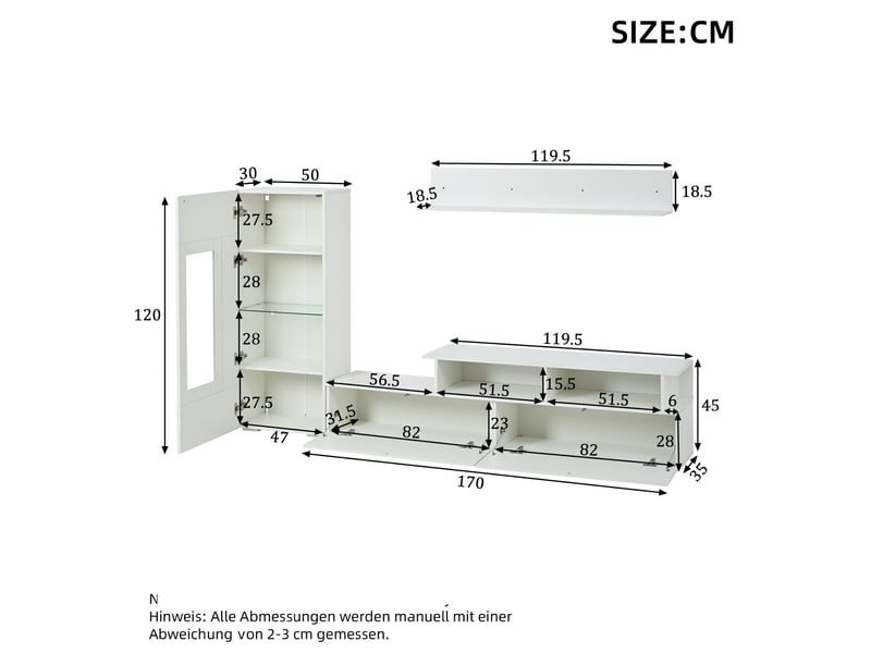  Meuble tv mural avec vitrine et étagère, 3 portes, éclairage led et rangement pour salon aux façades blanches brillantes  - Conforama E
