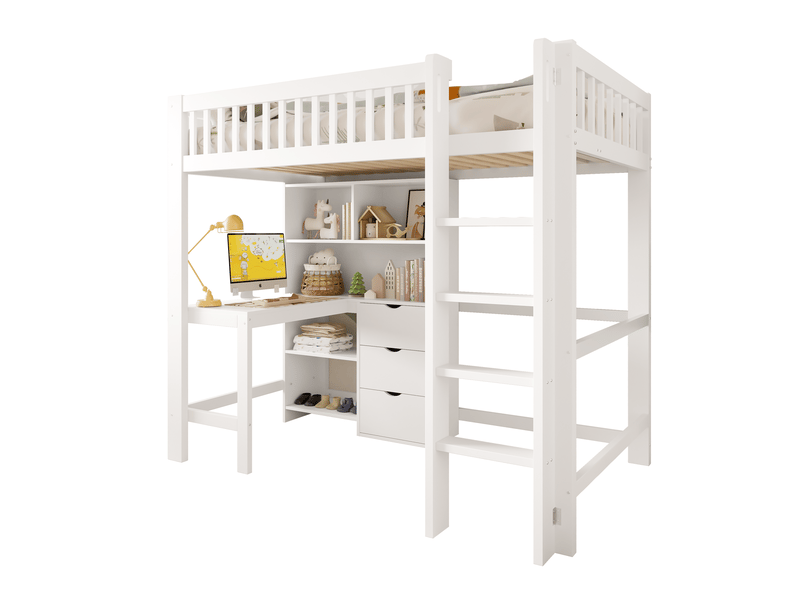 Lit mezzanine 90x200cm avec compartiments de rangement, échelle, bureau, 3 tiroirs, pin, blanc, sans matelas - Conforama A