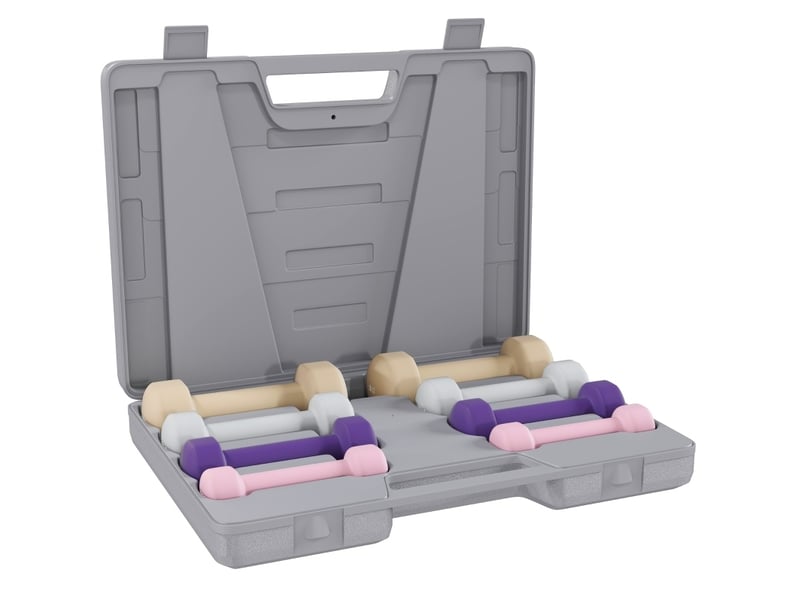 Set de 4 paires d'haltères hexagonales de 0,5 à 2 kg multicolores, avec mallette de rangement - Conforama A