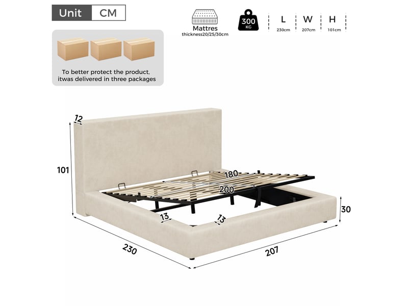  Lit coffre double 180x200 cm en chenille à ouverture hydraulique avec sommier à lattes beige chicfurn  - Conforama D