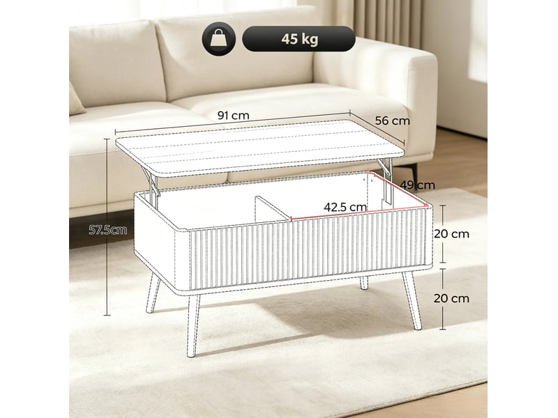 Table basse relevable 91x56 cm avec 2 rangements, finition chêne  - Conforama E