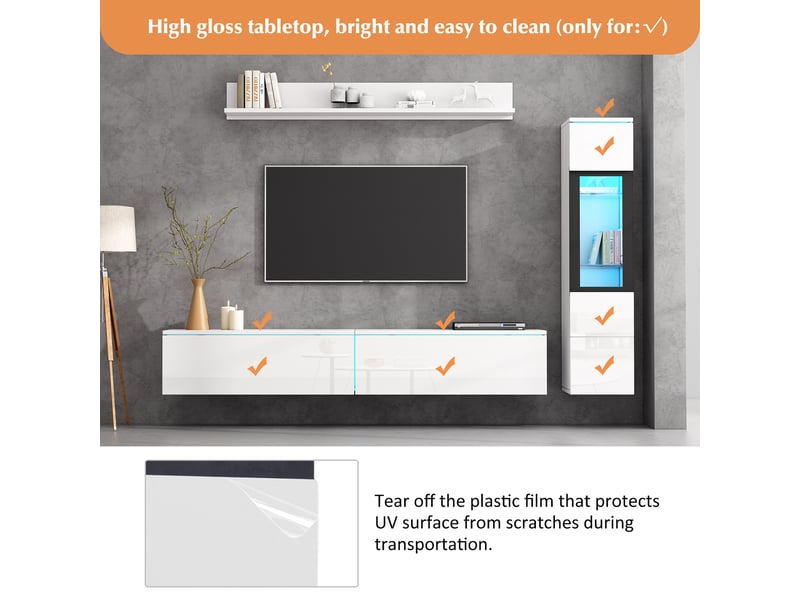  Ensemble meuble tv mural blanc brillant avec led, composition tv 3 pièces, banc 180 cm, vitrine haute, étagère et rangement salon  - Conforama D