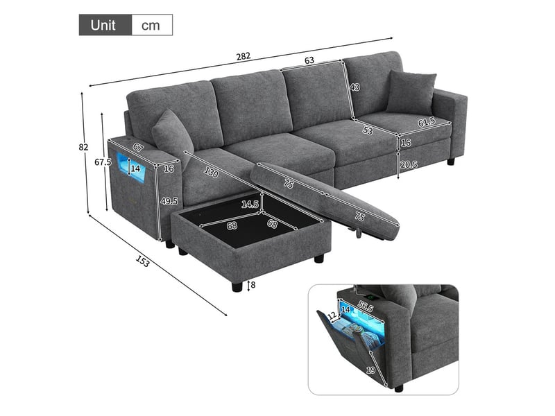  Canapé d'angle modulaire,4 places, avec tabouret de rangement mobile, accoudoir de rangement,282 × 153 × 82 cm,gris  - Conforama C