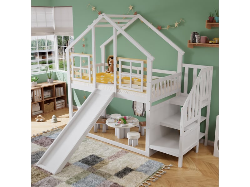  Lit superposé cabane enfant 2 x 90 x 200 cm avec toboggan blanc Fay Lum - Conforama R