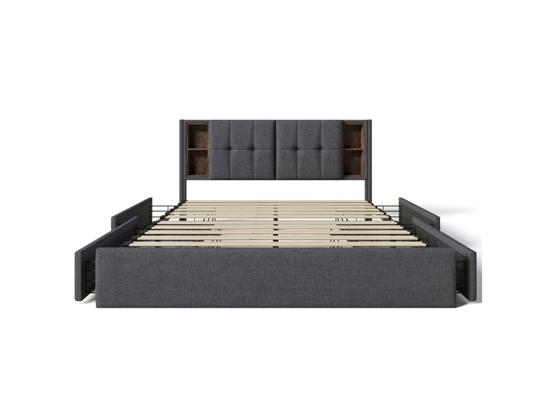 Lit double 160x200 cm gris en tissu, 4 tiroirs, ports usb-c, chargeur sans fil et sommier à lattes  - Conforama C