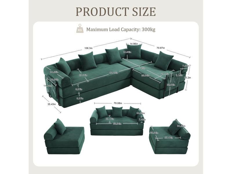Canapé d'angle modenvie modulable 4 places 270 x 180 cm en velours côtelé vert émeraude - Conforama C