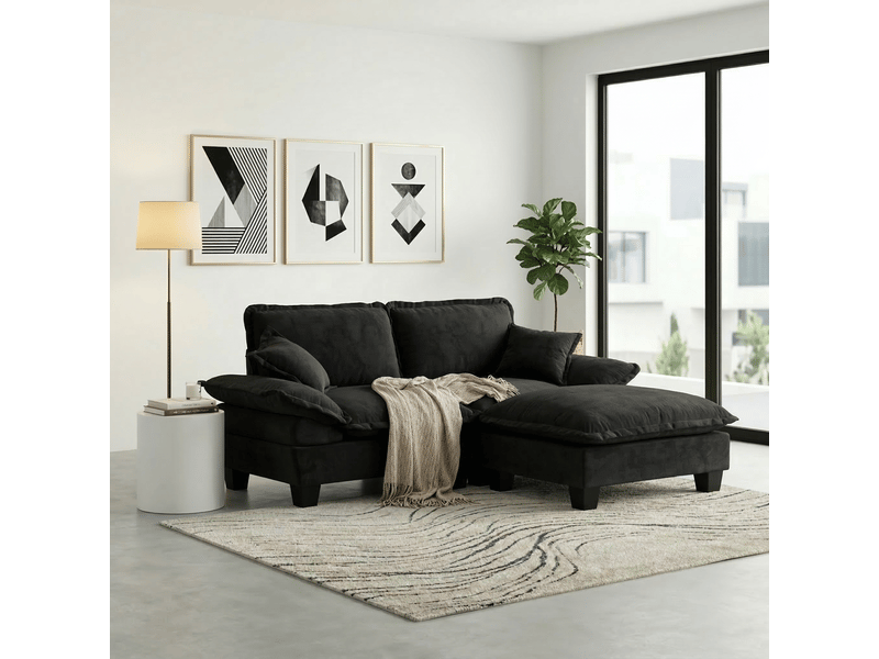  Canapé d'angle modulaire cloud avec ottomane mobile et coussins, pour salon et appartement, en chenille noire  - Conforama C