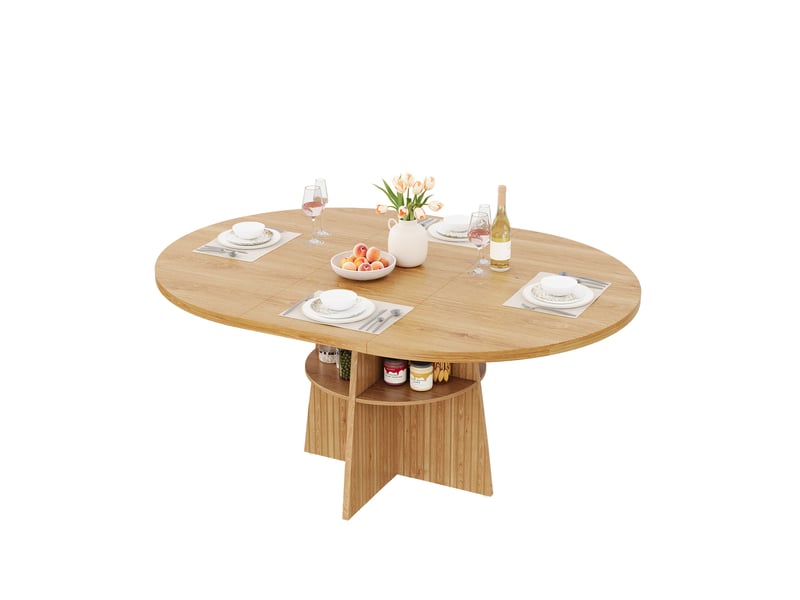 Table de salle à manger ronde extensible pour 2 à 8 personnes avec étagère en mdf naturel 110-150 × 110 × 77,5 cm - Conforama A