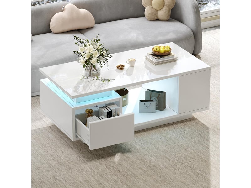 Table basse avec led et tiroir en panneau de particules blanc brillant 100x50x36 cm - pangivo  - Conforama B