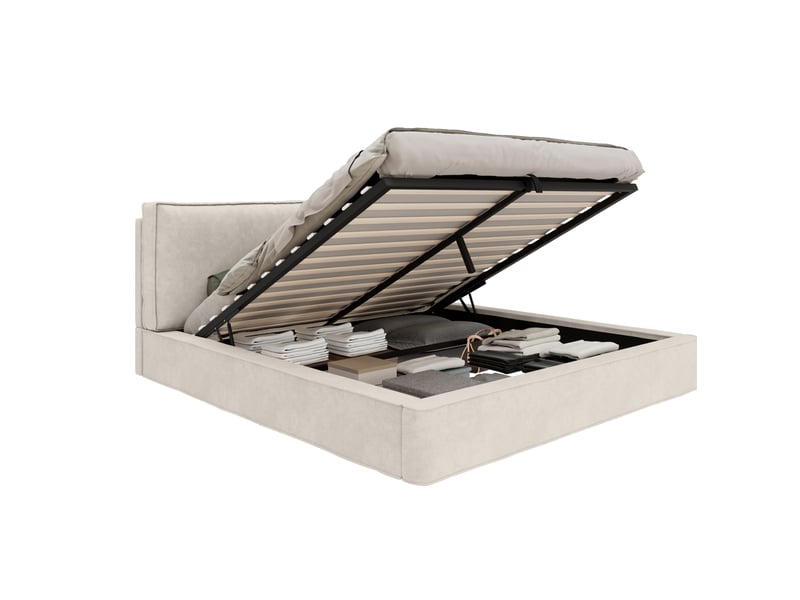  Lit coffre 180x200 cm – lit fonctionnel hydraulique avec sommier, tête de lit et matelas – en chenille beige  - Conforama A
