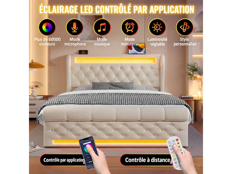 Lit coffre hydraulique avec led, usb et type-c, velours beige, 140 x 200 cm - Conforama D