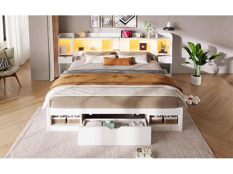  Lit avec rangement 180x200 cm, 3 tiroirs et rangements tête et pied, led et usb, en bois, blanc  - Conforama D