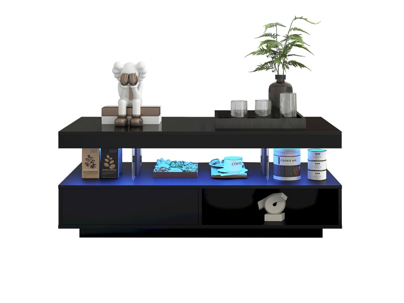  Table basse brillante en panneaux de particules avec lumière led,4 plateaux en verre,2 tiroirs et 2 compartiments ouverts,noir table basse noir - Conforama A