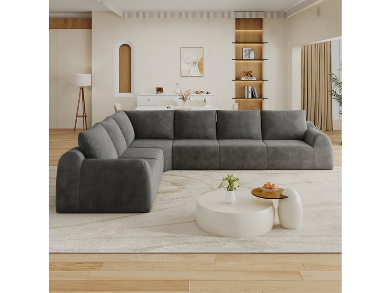  Canapé d'angle modenvie 6 places en l 334 x 267 x 85 cm en tissu chenille gris foncé  - Conforama D
