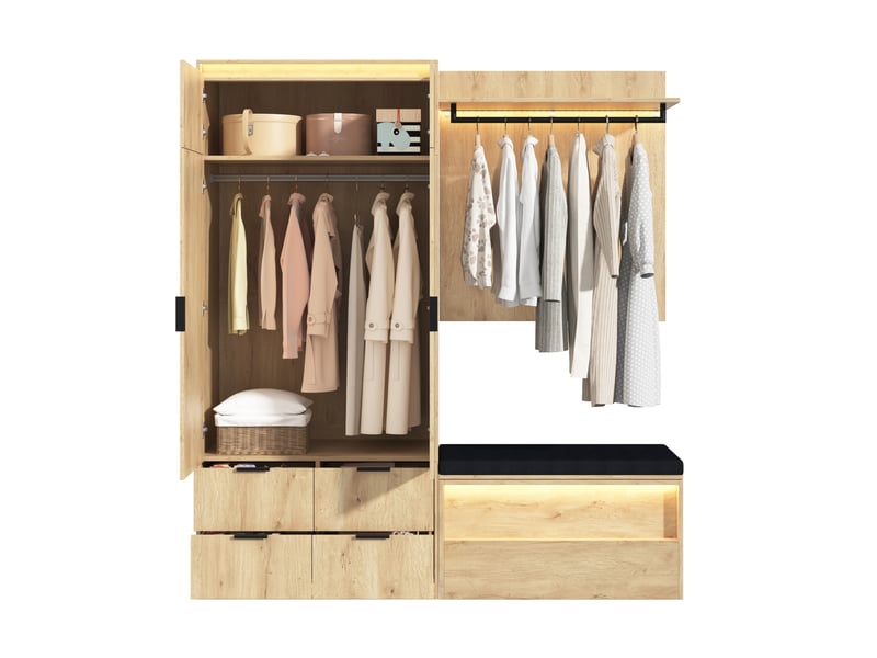  Ensemble vestiaire 180x47x200 cm avec led, miroir et banc rembourré chêne anthracite  - Conforama A