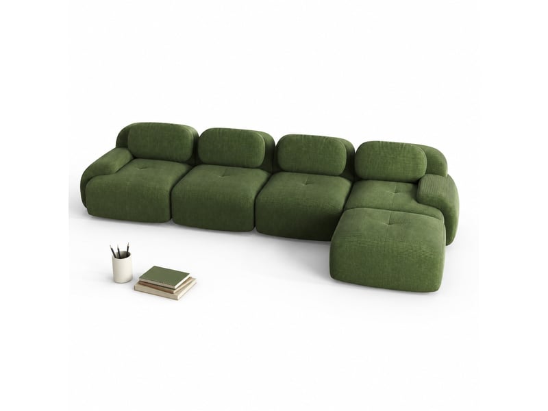  Canapé d'angle modulable 4 places en velours côtelé vert, sans montage, avec méridienne pour grand salon  - Conforama A